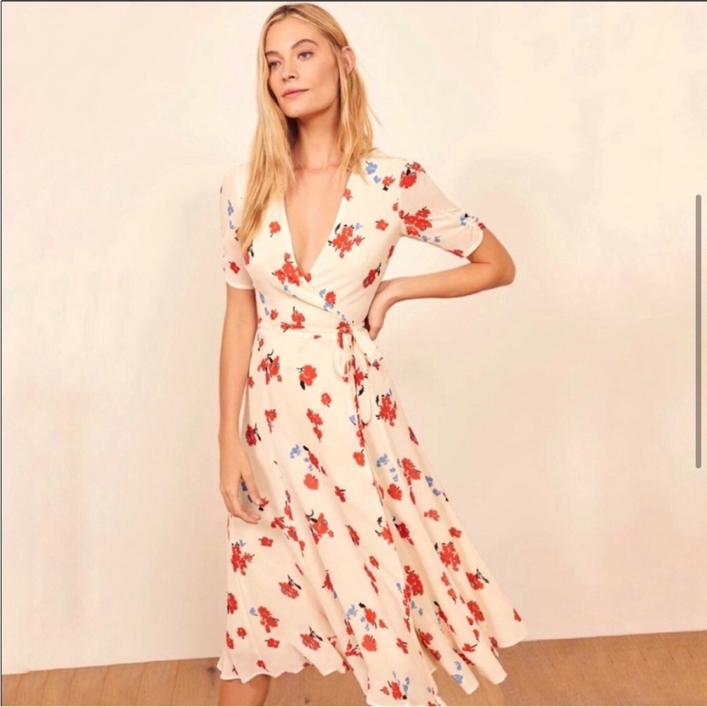 Reformation low cut white floral dress, size S